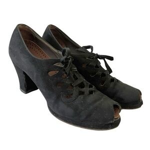 Vintage Black Suede Leather Lace-Up Peep-Toe Oxfords Pumps Heels - 6.5N